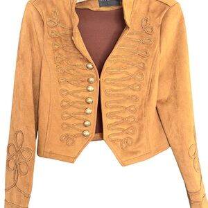 Camel colored faux suede jacket with military style braiding and gold buttons